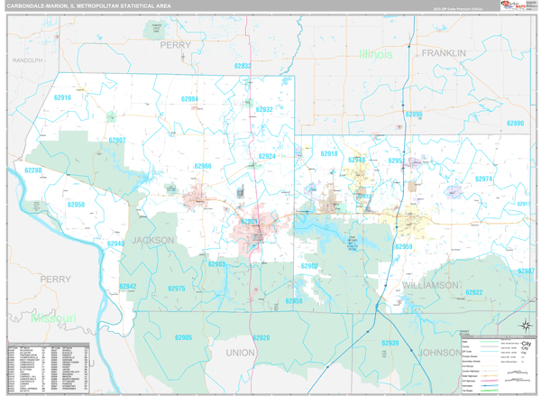 Carbondale-Marion, IL Metro Area Wall Map
